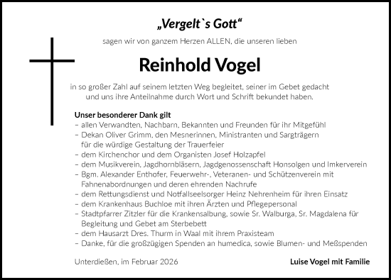 Traueranzeige von Reinhold Vogel von Allgäuer Zeitung, Kaufbeuren/Buchloe