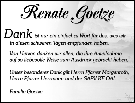 Traueranzeige von Renate Goetze von Allgäuer Zeitung, Kaufbeuren/Buchloe