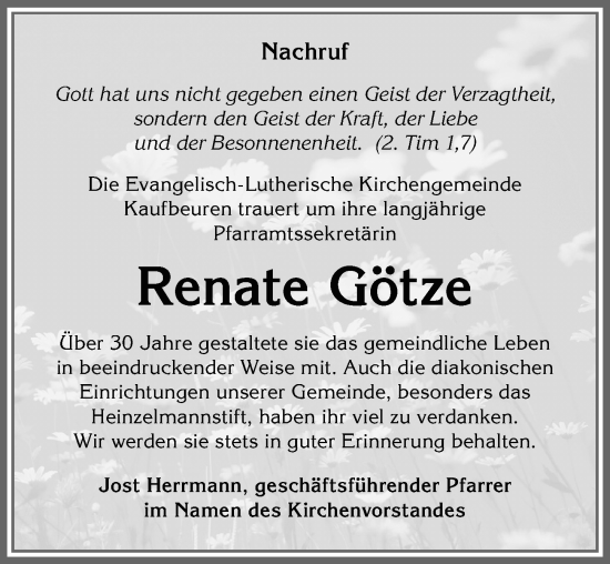 Traueranzeige von Renate Götze von Allgäuer Zeitung, Kaufbeuren/Buchloe