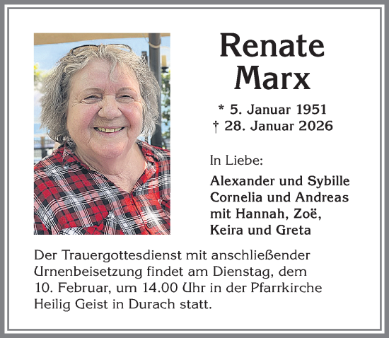 Traueranzeige von Renate Marx von Allgäuer Zeitung,Kempten