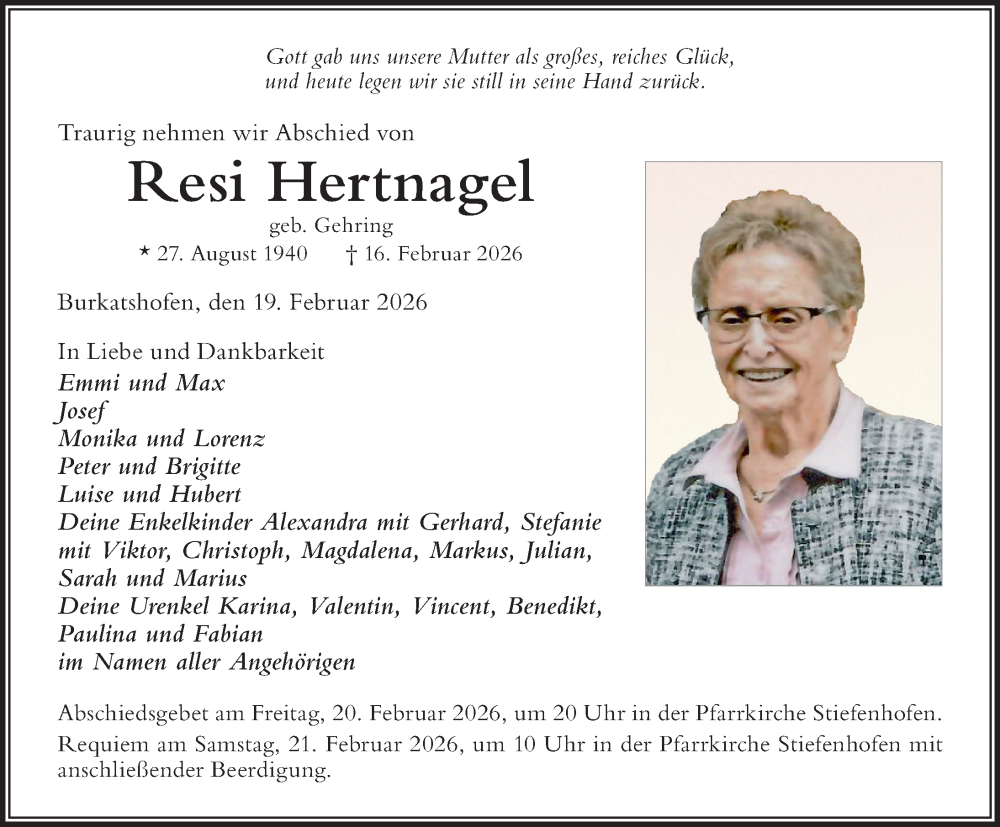  Traueranzeige für Resi Hertnagel vom 19.02.2026 aus Der Westallgäuer