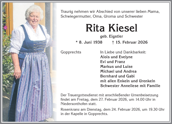 Traueranzeige von Rita Kiesel von Allgäuer Zeitung,Kempten