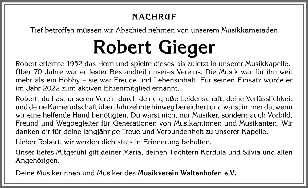  Traueranzeige für Robert Gieger vom 14.02.2026 aus Allgäuer Zeitung,Kempten