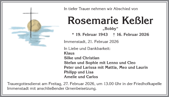 Traueranzeige von Rosemarie Keßler von Allgäuer Anzeigeblatt