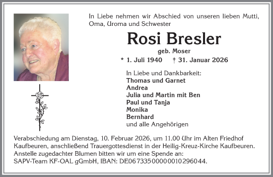 Traueranzeige von Rosi Bresler von Allgäuer Zeitung, Kaufbeuren/Buchloe