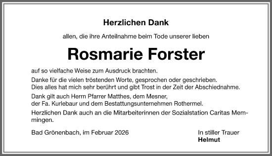 Traueranzeige von Rosmarie Forster von Memminger Zeitung