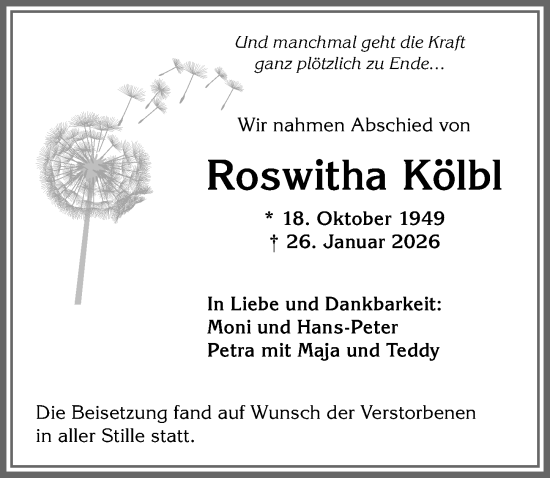 Traueranzeige von Roswitha Kölbl von Allgäuer Anzeigeblatt