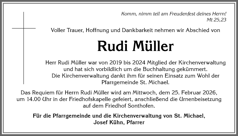  Traueranzeige für Rudi Müller vom 24.02.2026 aus Allgäuer Anzeigeblatt