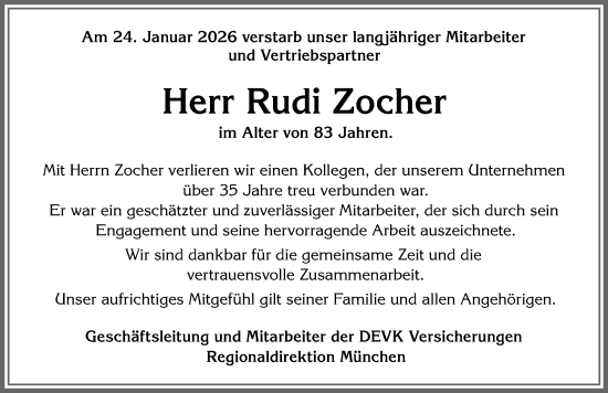 Traueranzeige von Rudi Zocher von Allgäuer Zeitung, Füssen