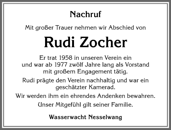 Traueranzeige von Rudi Zocher von Allgäuer Zeitung, Füssen