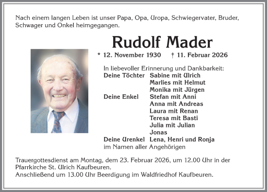 Traueranzeige von Rudolf Mader von Allgäuer Zeitung, Kaufbeuren/Buchloe