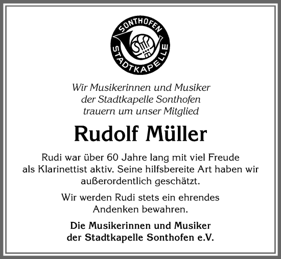 Traueranzeige von Rudolf Müller von Allgäuer Anzeigeblatt