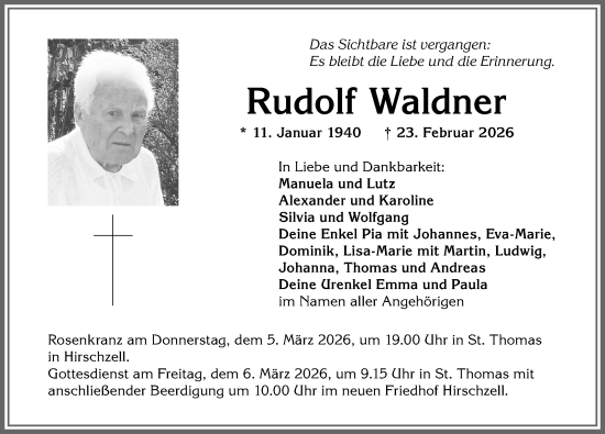 Traueranzeige von Rudolf Waldner von Augsburger Allgemeine, Mindelheimer Zeitung, Landsberger Tagblatt