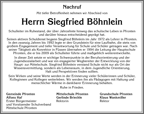 Traueranzeige von Siegfried Böhnlein von Allgäuer Zeitung, Füssen