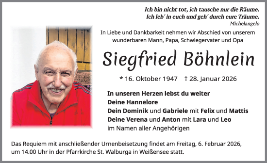 Traueranzeige von Siegfried Böhnlein von Allgäuer Zeitung, Füssen