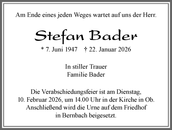 Traueranzeige von Stefan Bader von Allgäuer Zeitung, Marktoberdorf