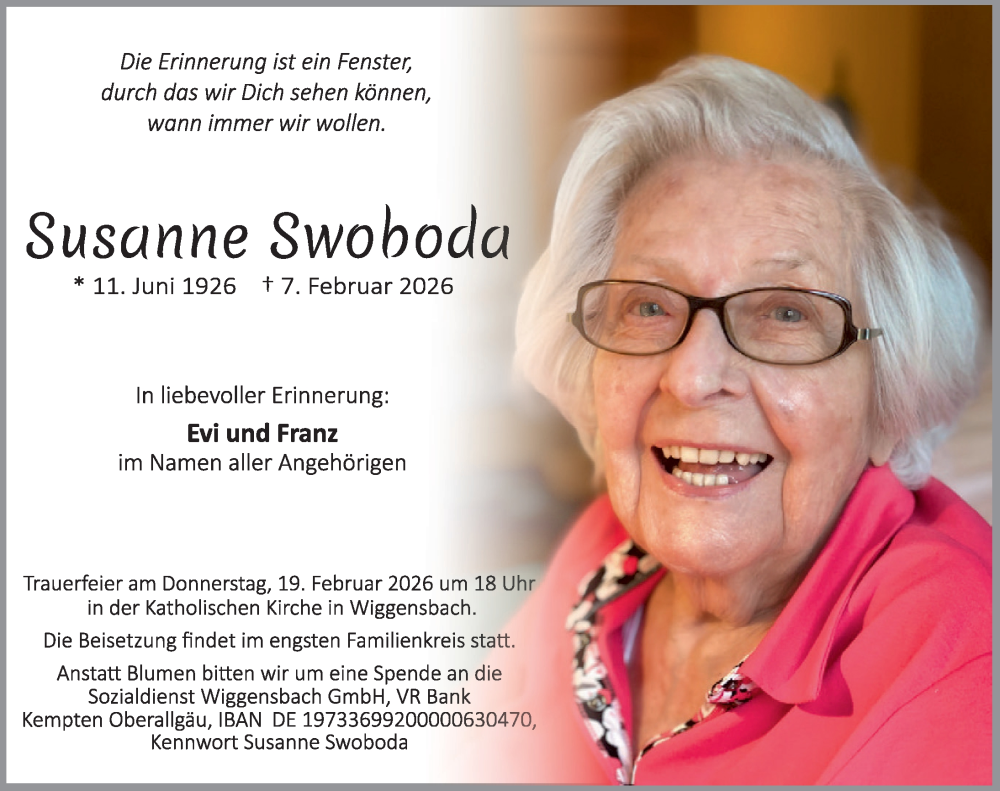  Traueranzeige für Susanne Swoboda vom 14.02.2026 aus Allgäuer Zeitung,Kempten