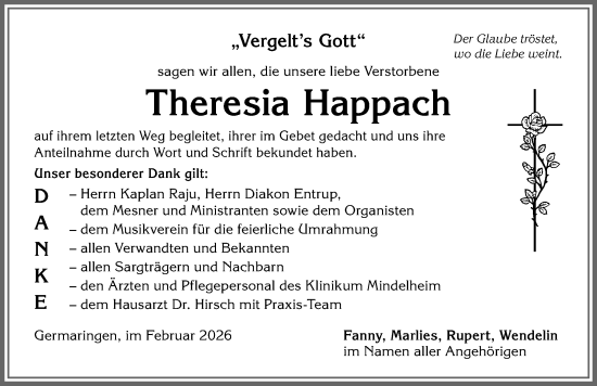 Traueranzeige von Theresia Happach von Allgäuer Zeitung, Kaufbeuren/Buchloe