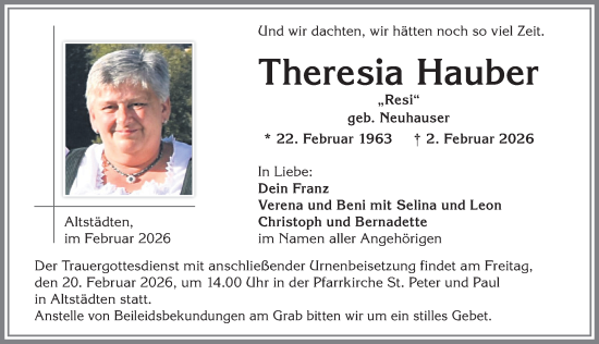 Traueranzeige von Theresia Hauber von Allgäuer Anzeigeblatt