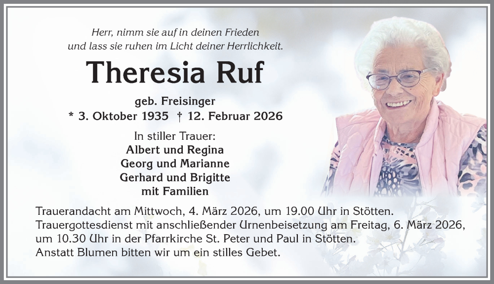  Traueranzeige für Theresia Ruf vom 28.02.2026 aus Allgäuer Zeitung, Marktoberdorf