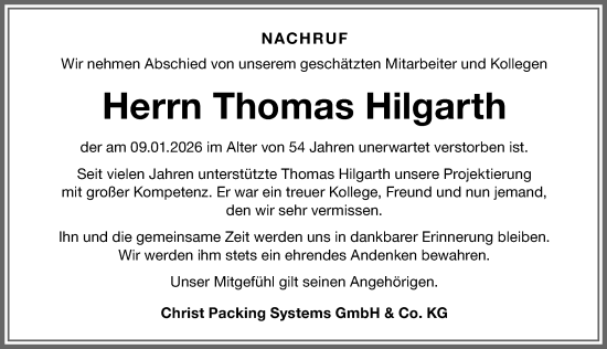 Traueranzeige von Thomas Hilgarth von Memminger Zeitung