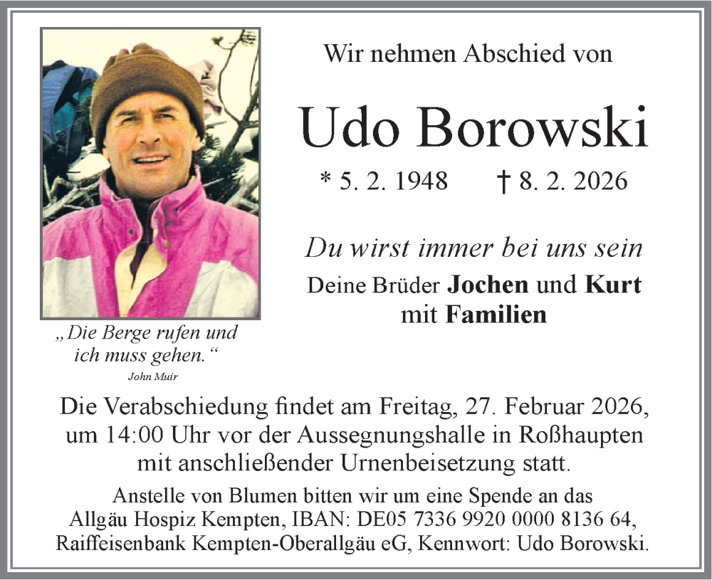  Traueranzeige für Udo Borowski vom 21.02.2026 aus Allgäuer Zeitung, Füssen