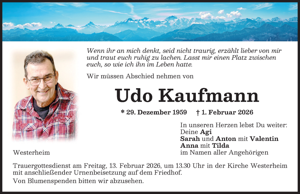  Traueranzeige für Udo Kaufmann vom 10.02.2026 aus Memminger Zeitung
