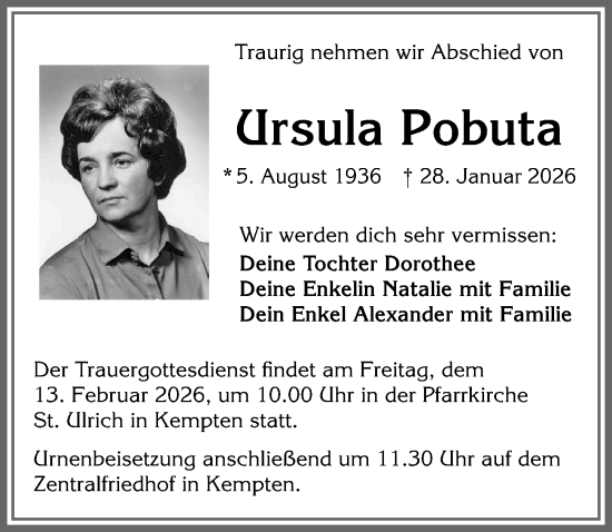 Traueranzeige von Ursula Pobuta von Allgäuer Zeitung,Kempten