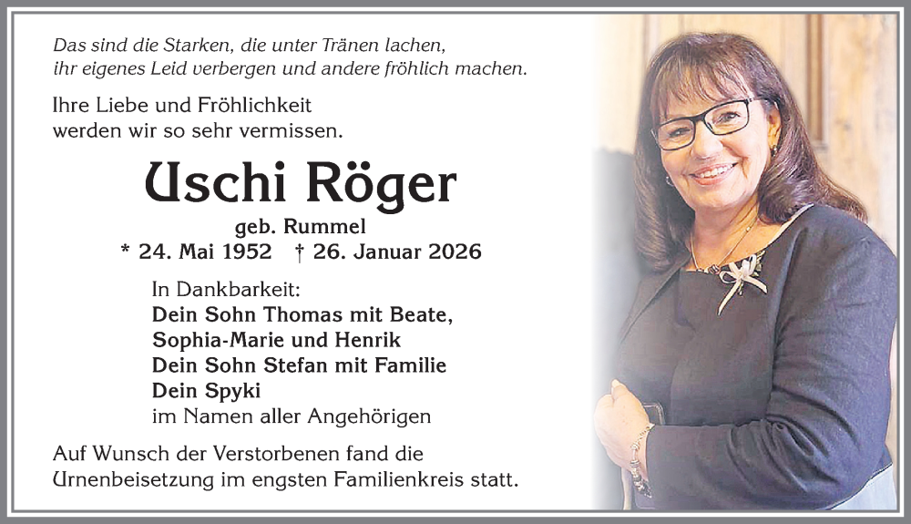  Traueranzeige für Uschi Röger vom 14.02.2026 aus Allgäuer Zeitung, Kaufbeuren/Buchloe