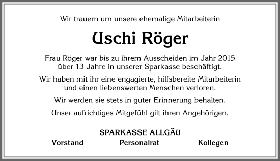 Traueranzeige von Uschi Röger von Allgäuer Zeitung, Kaufbeuren/Buchloe