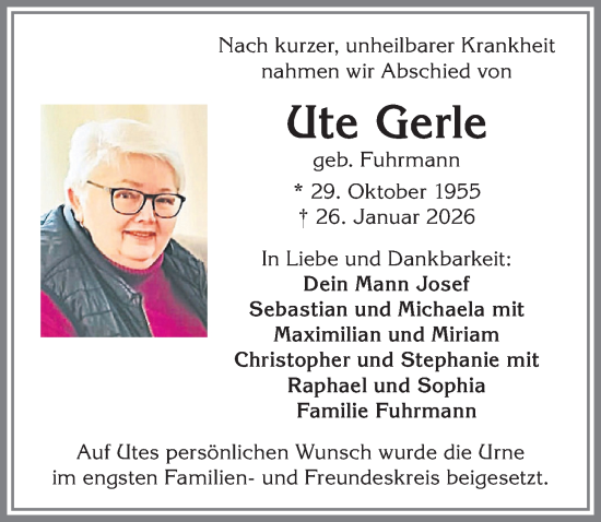 Traueranzeige von Ute Gerle von Allgäuer Zeitung, Kaufbeuren/Buchloe