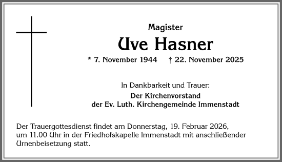 Traueranzeige von Uve Hasner von Allgäuer Anzeigeblatt