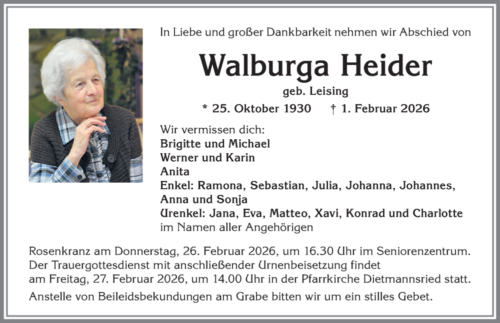  Traueranzeige für Walburga Heider vom 21.02.2026 aus Allgäuer Zeitung,Kempten
