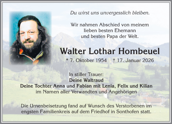 Traueranzeige von Walter Lothar Hombeuel von Allgäuer Anzeigeblatt