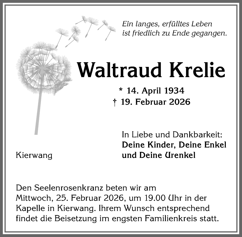  Traueranzeige für Waltraud Krelie vom 24.02.2026 aus Allgäuer Anzeigeblatt