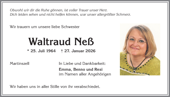 Traueranzeige von Waltraud Neß von Allgäuer Zeitung,Kempten