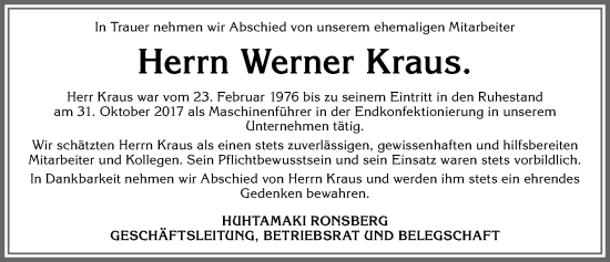Traueranzeige von Werner Kraus von Memminger Zeitung