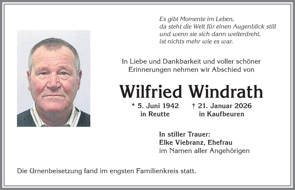  Traueranzeige für Wilfried Windrath vom 21.02.2026 aus Allgäuer Zeitung, Kaufbeuren/Buchloe