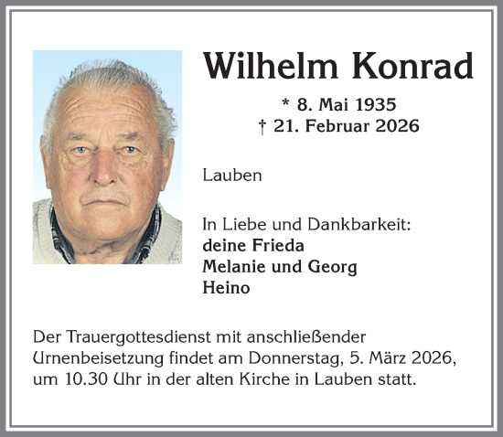 Traueranzeige von Wilhelm Konrad von Allgäuer Zeitung,Kempten