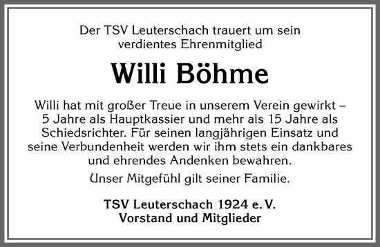Traueranzeige von Willi Böhme von Allgäuer Zeitung, Marktoberdorf