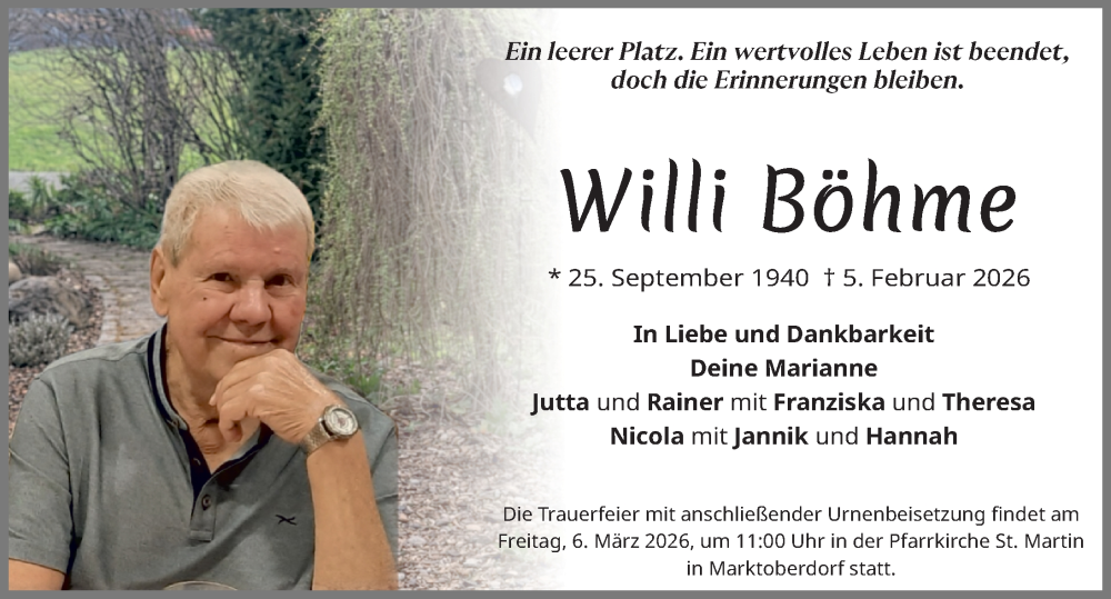  Traueranzeige für Willi Böhme vom 28.02.2026 aus Allgäuer Zeitung, Marktoberdorf