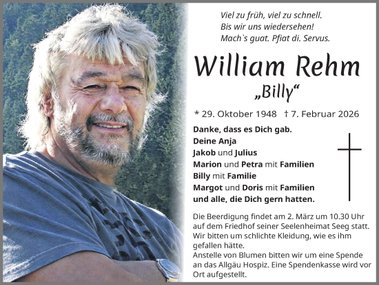 Traueranzeige von William Rehm von Allgäuer Zeitung, Füssen