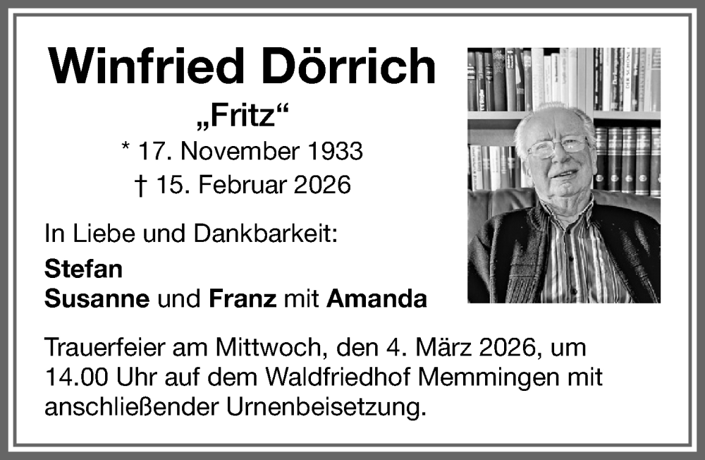  Traueranzeige für Winfried Dörrich vom 28.02.2026 aus Memminger Zeitung