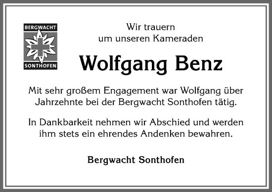 Traueranzeige von Wolfgang Benz von Allgäuer Anzeigeblatt