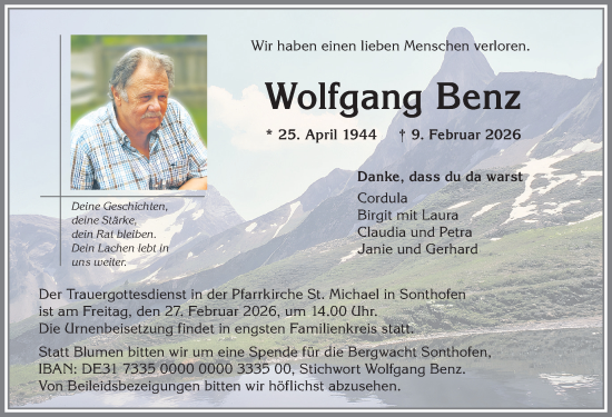 Traueranzeige von Wolfgang Benz von Allgäuer Anzeigeblatt