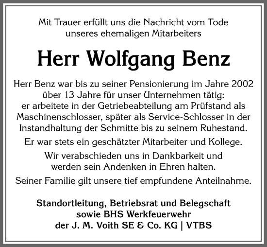 Traueranzeige von Wolfgang Benz von Allgäuer Anzeigeblatt