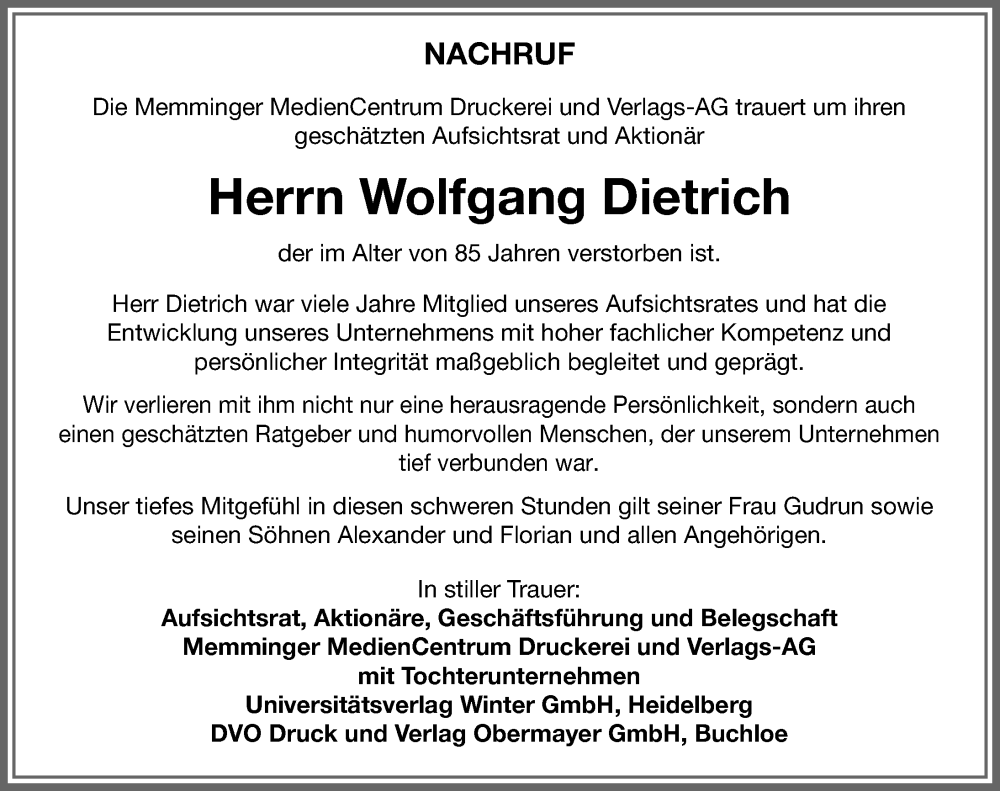  Traueranzeige für Wolfgang Dietrich vom 28.02.2026 aus Memminger Zeitung