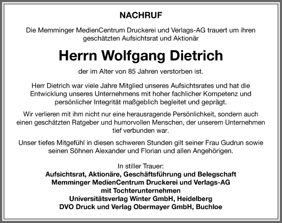 Traueranzeige von Wolfgang Dietrich von Memminger Zeitung