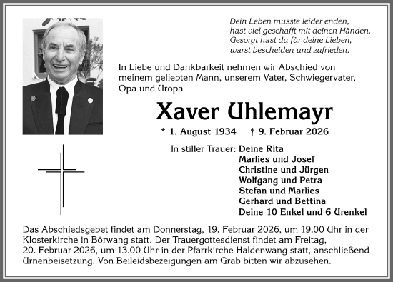 Traueranzeige von Xaver Uhlemayr von Allgäuer Zeitung,Kempten