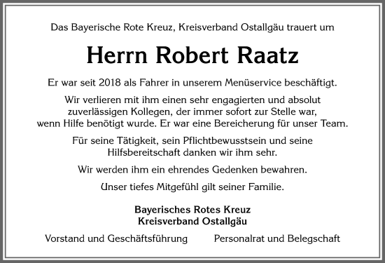 Traueranzeige von Robert Raatz von Allgäuer Zeitung, Kaufbeuren/Buchloe